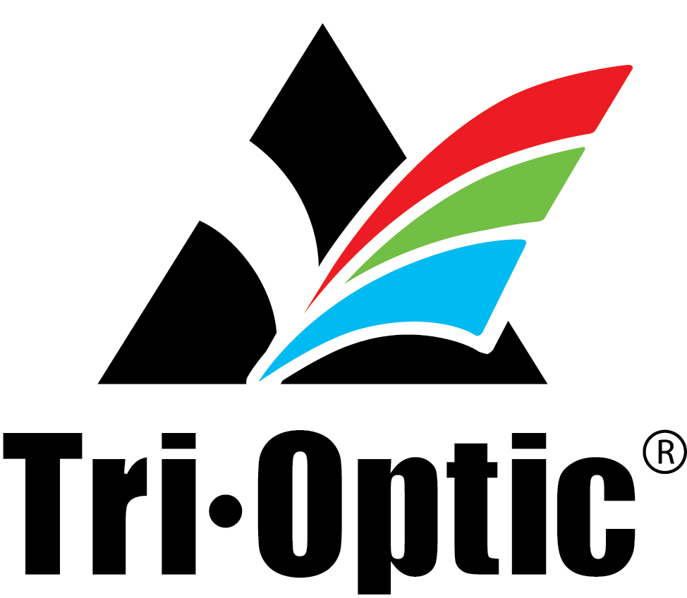 Tri-Optic logo. A black triangle with a section cut out of it. The section bursts forward: a red, green, and blue rainbow.