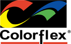 Colorflex logo. The word sits beneath a swirl of red, yellow, green, and blue on a black background.