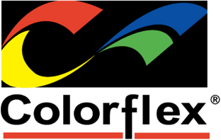 Colorflex logo. The word sits beneath a swirl of red, yellow, green, and blue on a black background.